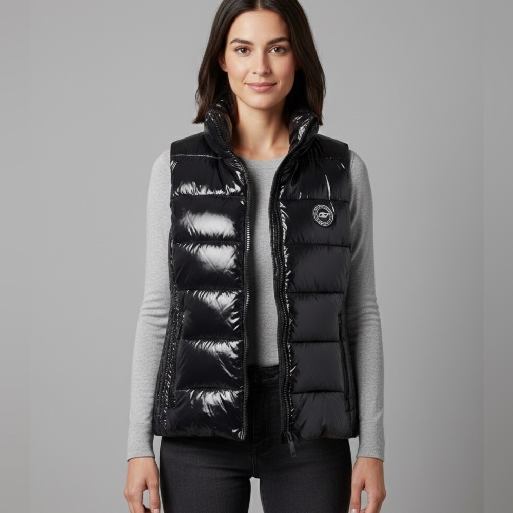 NWOT DKNY Sport Women's Super Wet Cire Puffer Vest Zippered Pocket Sz Small